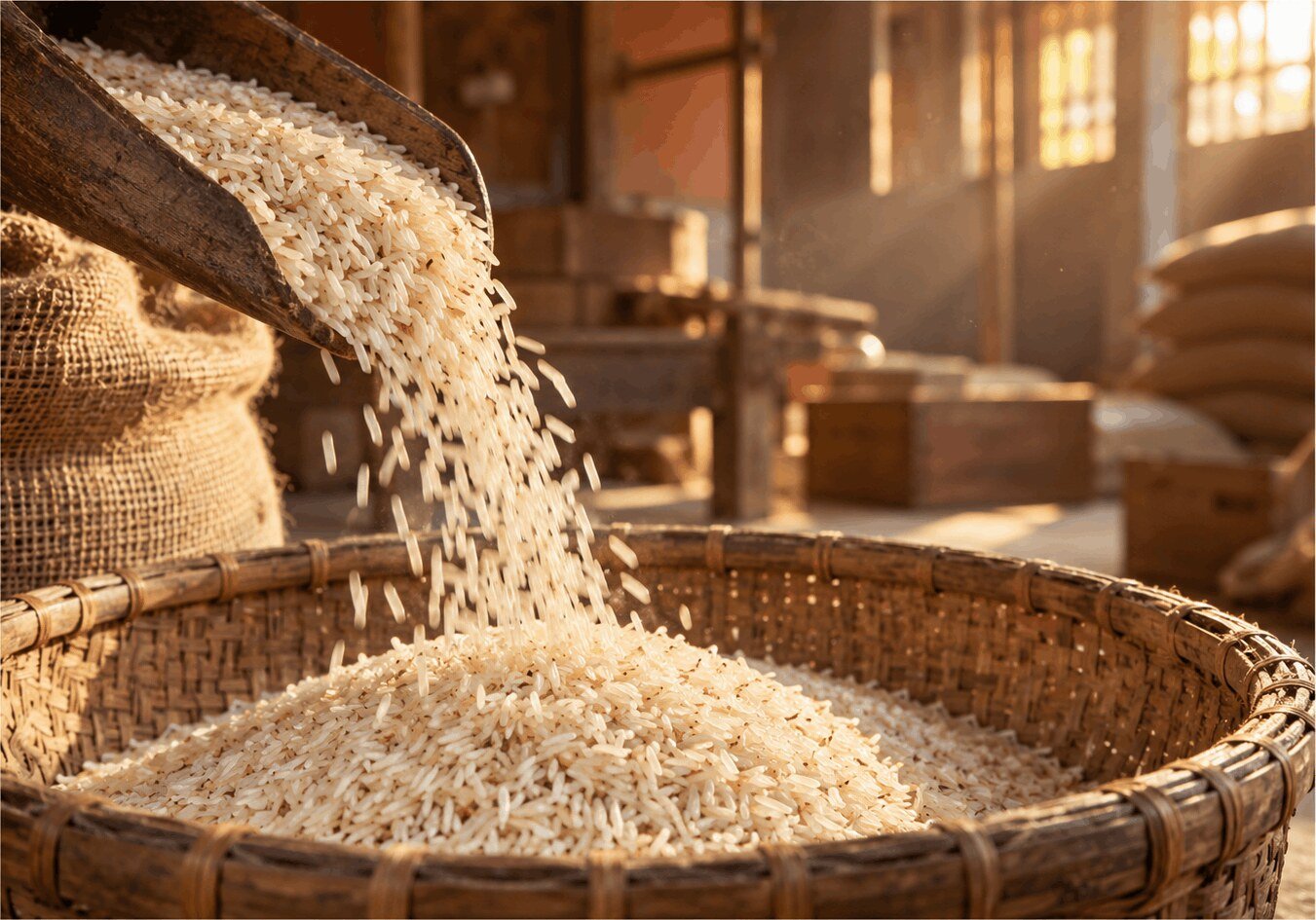 Premium rice grains poured from a wooden scoop into a traditional woven basket
