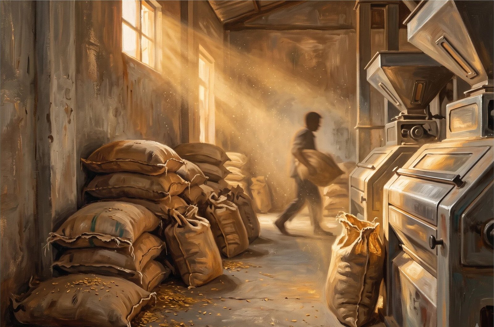 Sunlit interior of the SLN rice mill with stacked burlap sacks and a worker carrying rice
